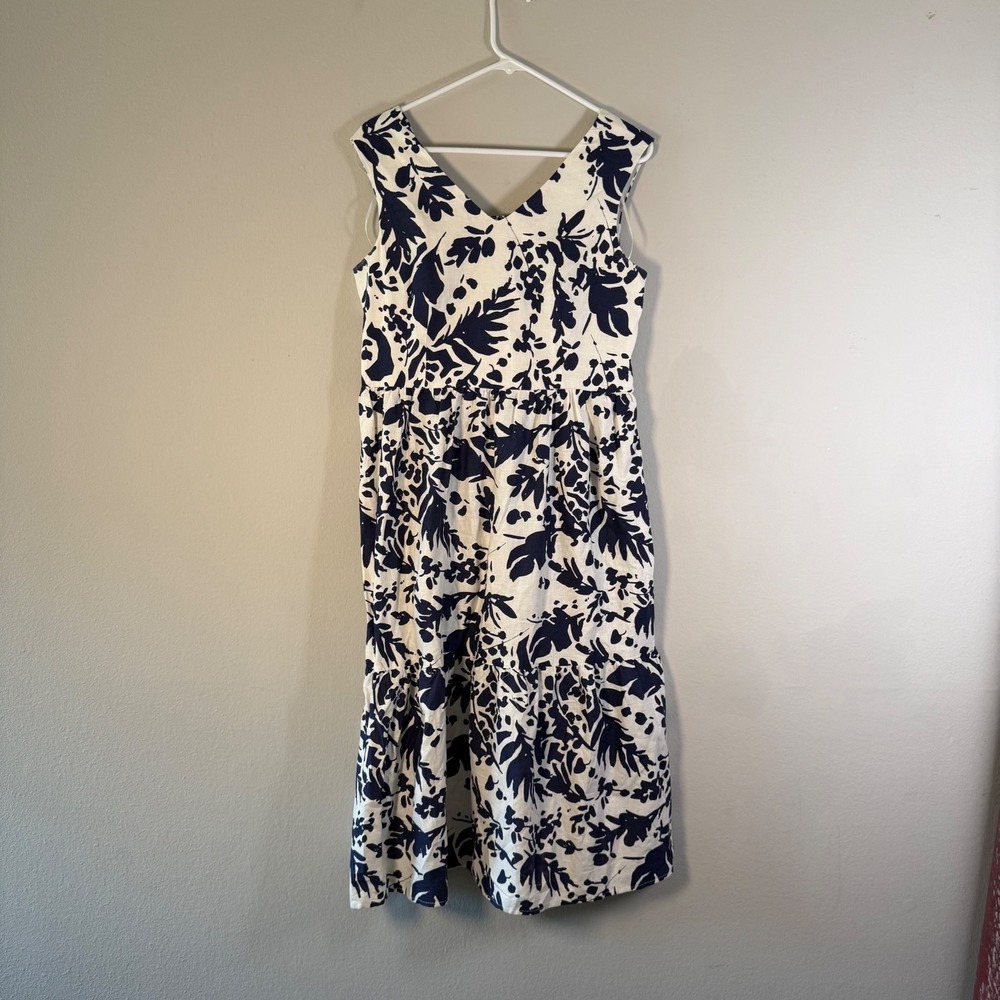 Magaschoni Womens Navy White Floral Linen Blend Tiered Midi Dress Size 6 Smocked